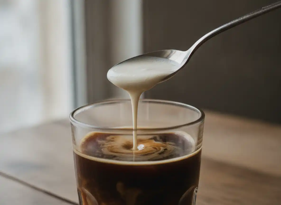 Lettpisket flote helles over baksiden av en skje ned i mork kaffe