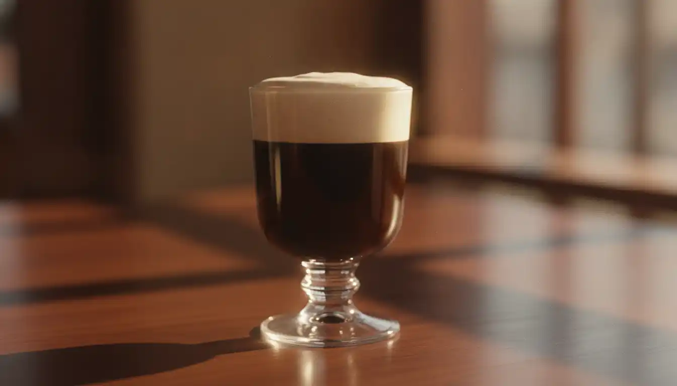 Irish coffee i glass pa fot med tydelig flotelag over den morke kaffen