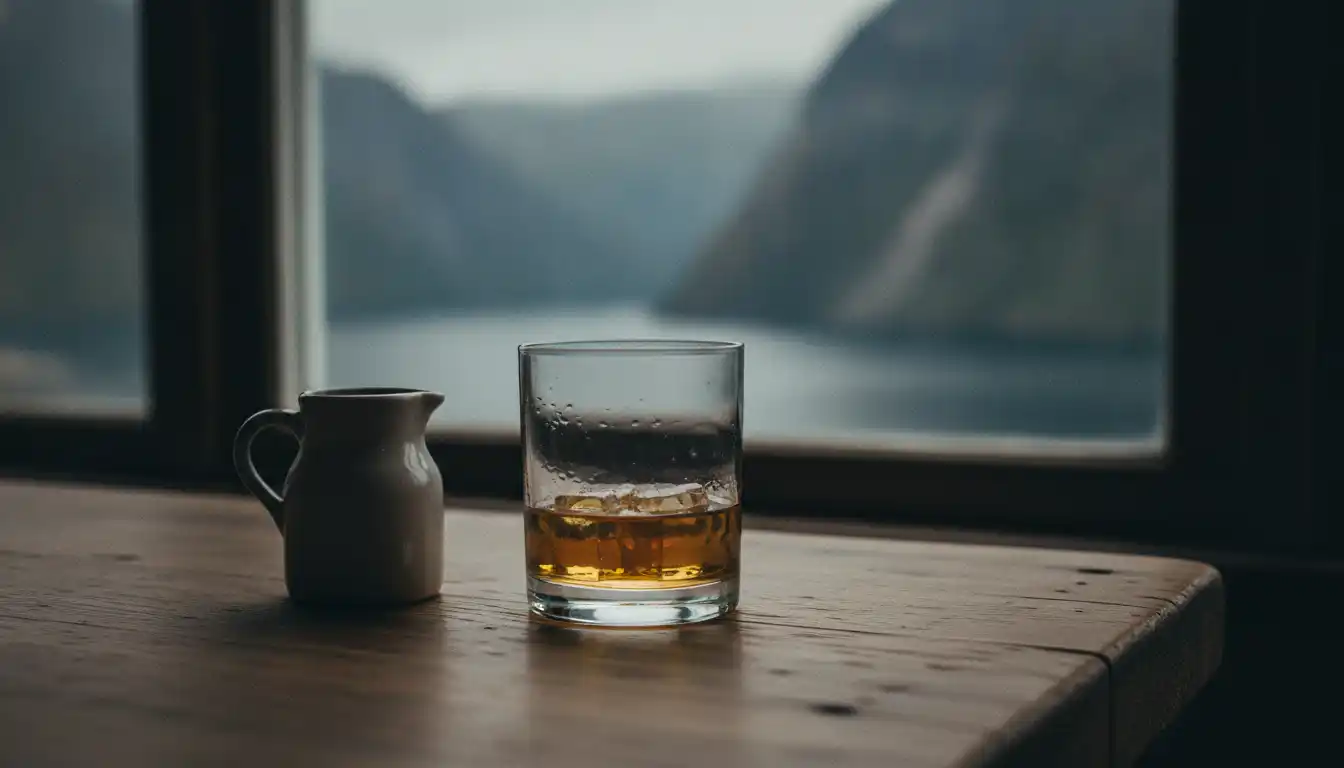 Glass med ravgul whisky og liten vannmugge foran et vindu mot fjorden