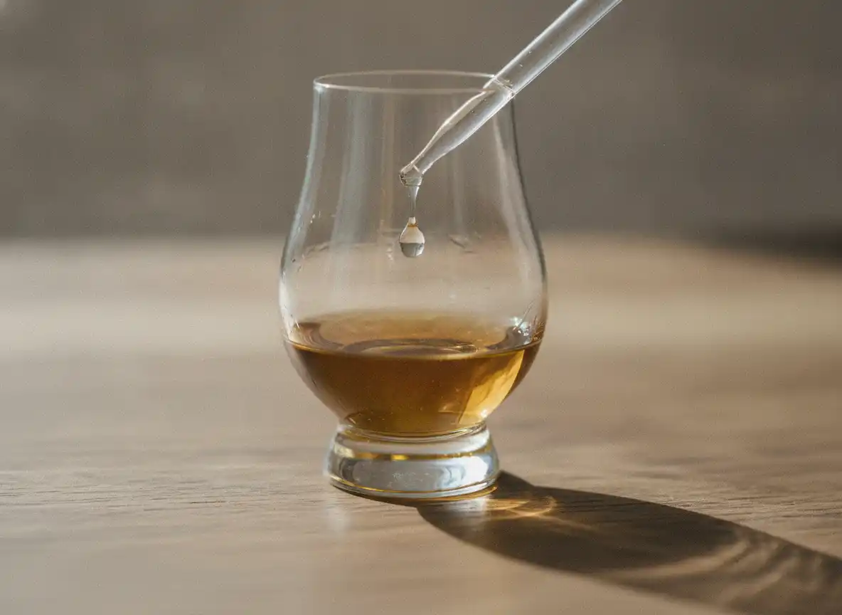 Glasspipette som drypper vann i et smaksglass med whisky