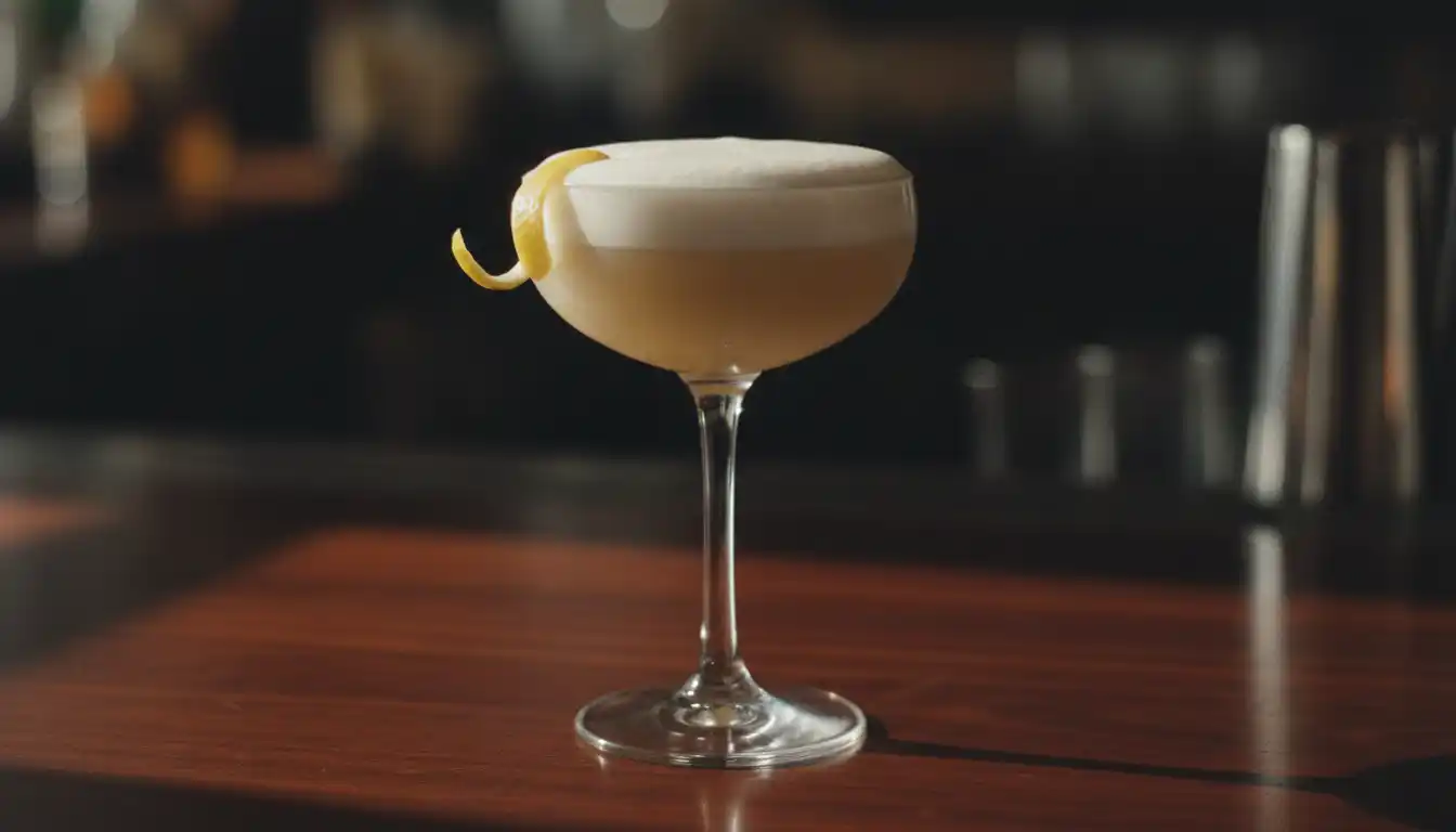 Whisky sour i coupeglass med tykt skum og sitronskall pa mork bardisk