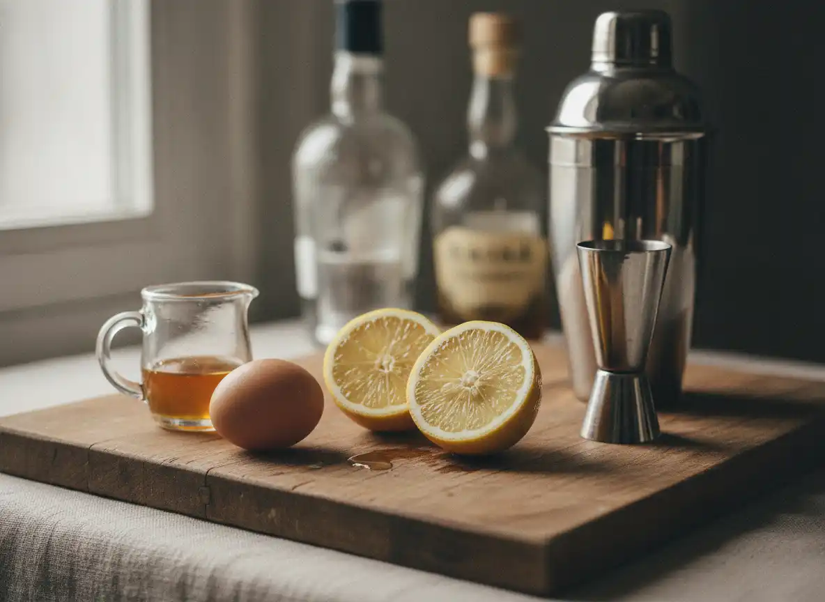 Ingredienser til whisky sour: sitron, sukkerlake, egg, jigger og shaker