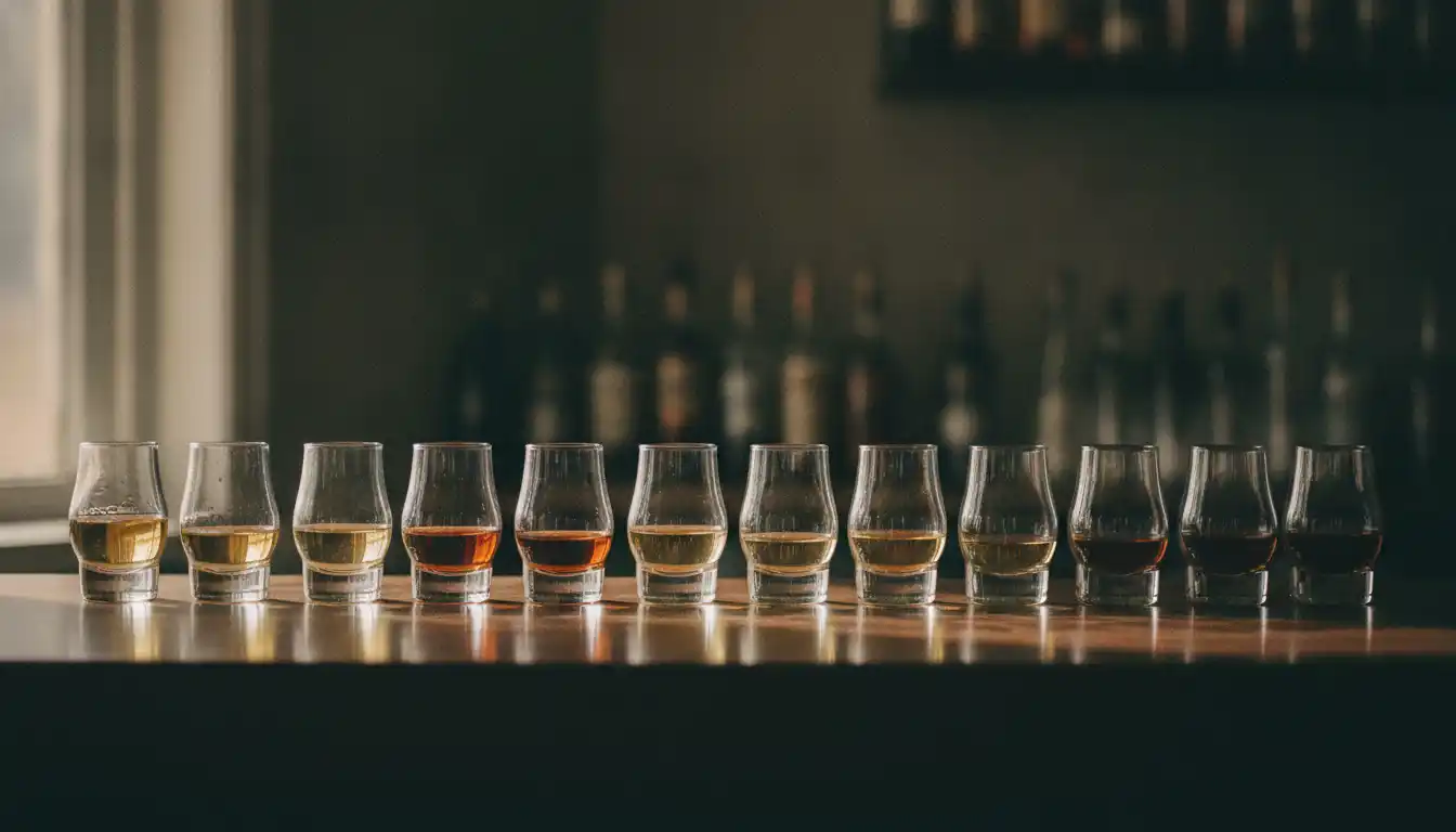 Rekke med smaksglass pa en mork bardisk under en whiskysmaking