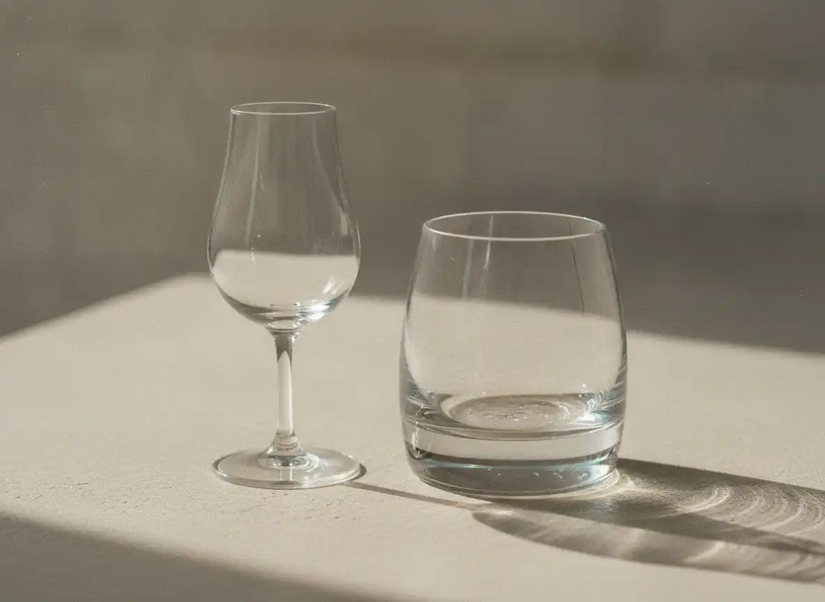 Tulipanglass og tumbler side om side pa lys flate til sammenligning