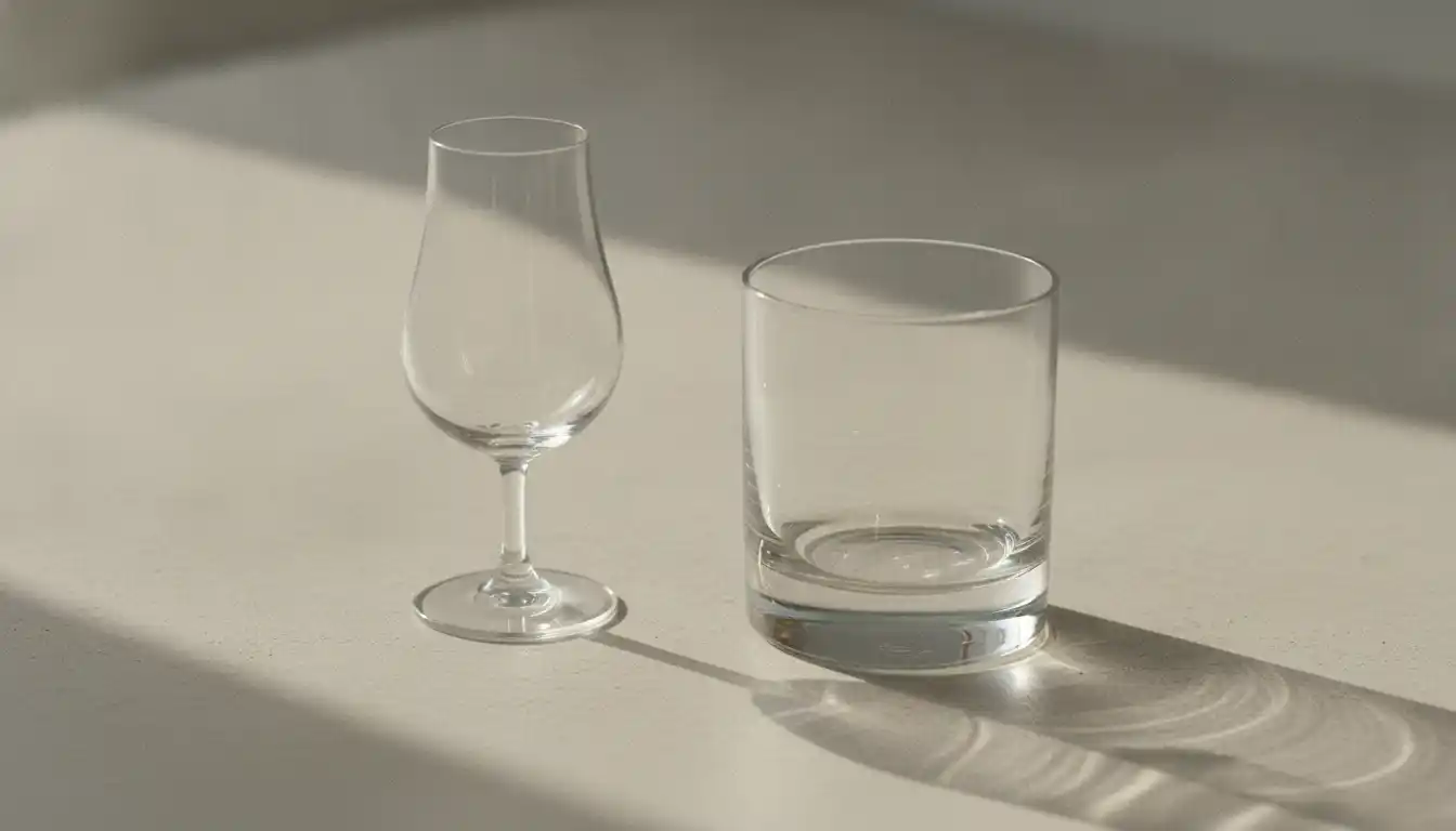 Tulipanglass og tumbler side om side på lys flate til sammenligning