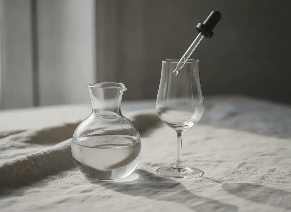 Liten vannkaraffel og pipette ved siden av et tomt smaksglass